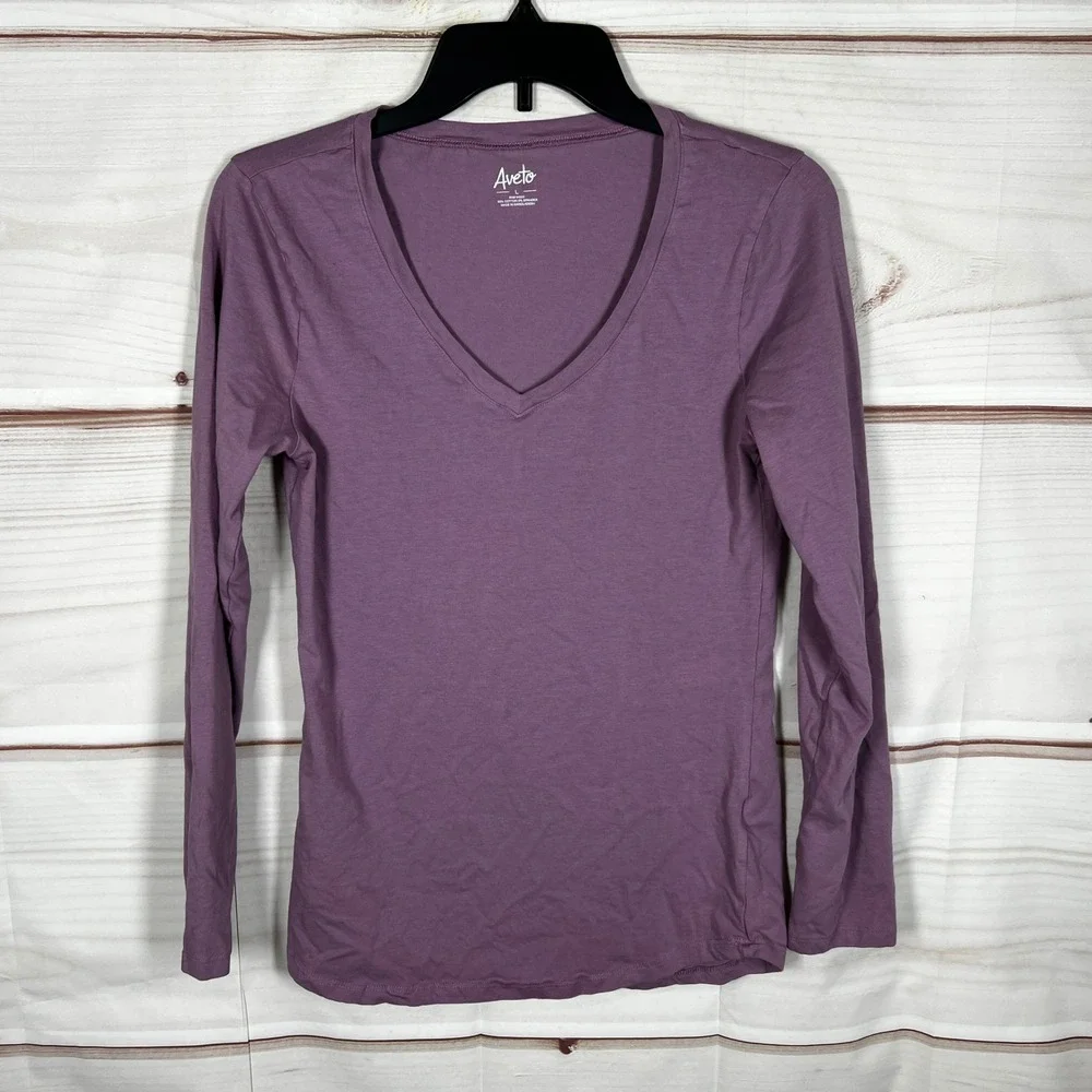 Aveto V-Neck Long‎ Sleeve Top Women Large Purple Solid Cotton Blend Tee Basic